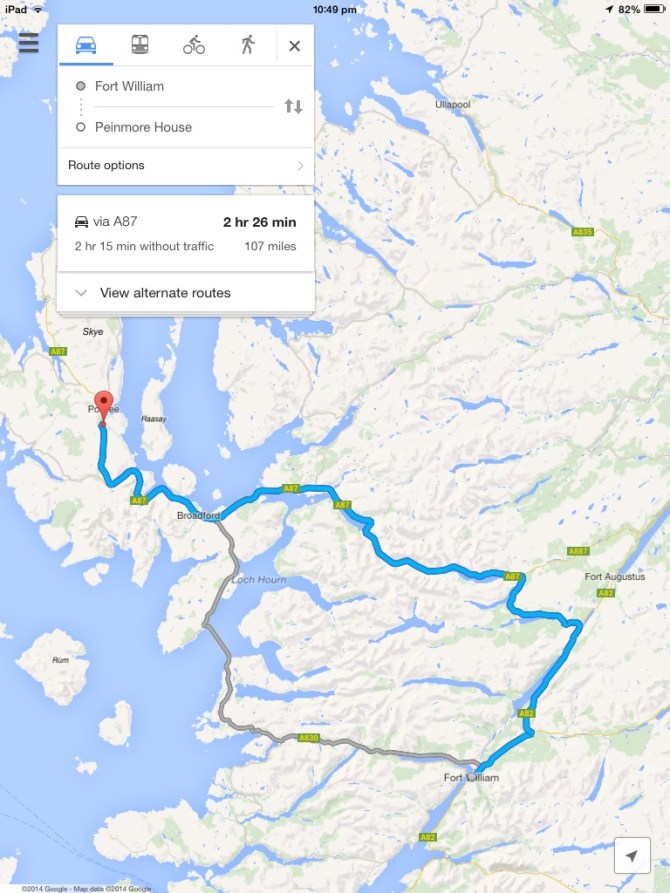 Route from Fort William to Portree, via Eilean Donan Castle.